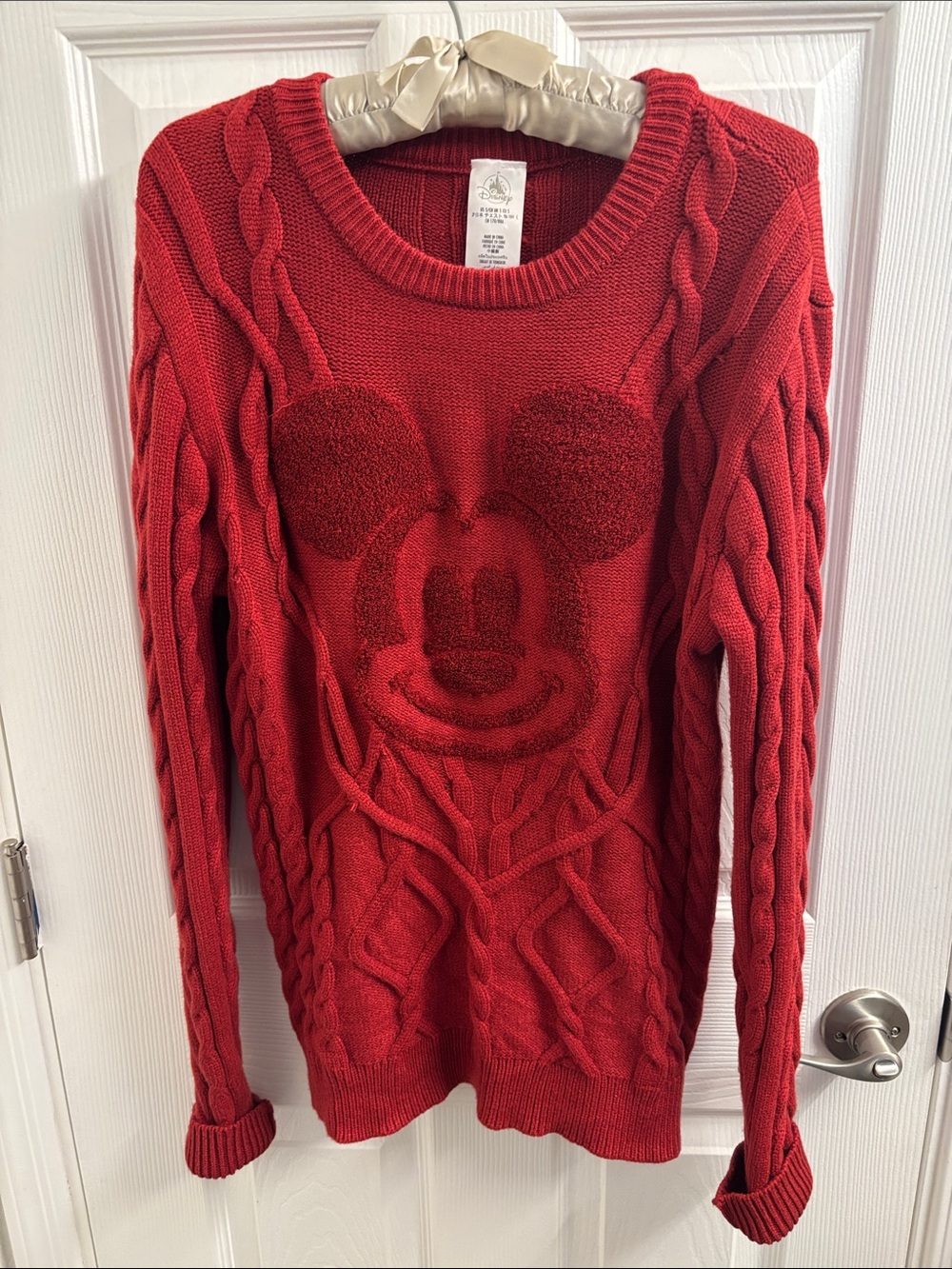 Disney Red Cable-Knit Mickey Mouse Crewneck Sweater - Women's Size S